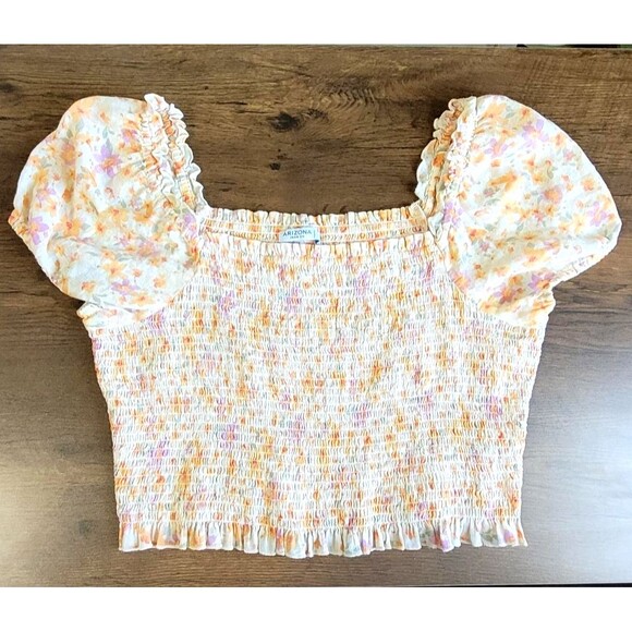 Arizona Boho Ruched Smocked Crop Top Size XXL 2XL Floral Puff Sleeves 7% Linen - Picture 1 of 6